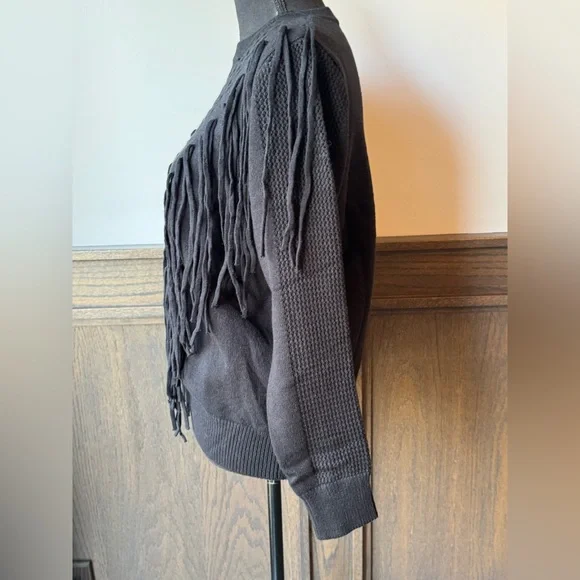 Black Boho Western Fringed Crewneck Sweater Medium - Picture 3 of 6